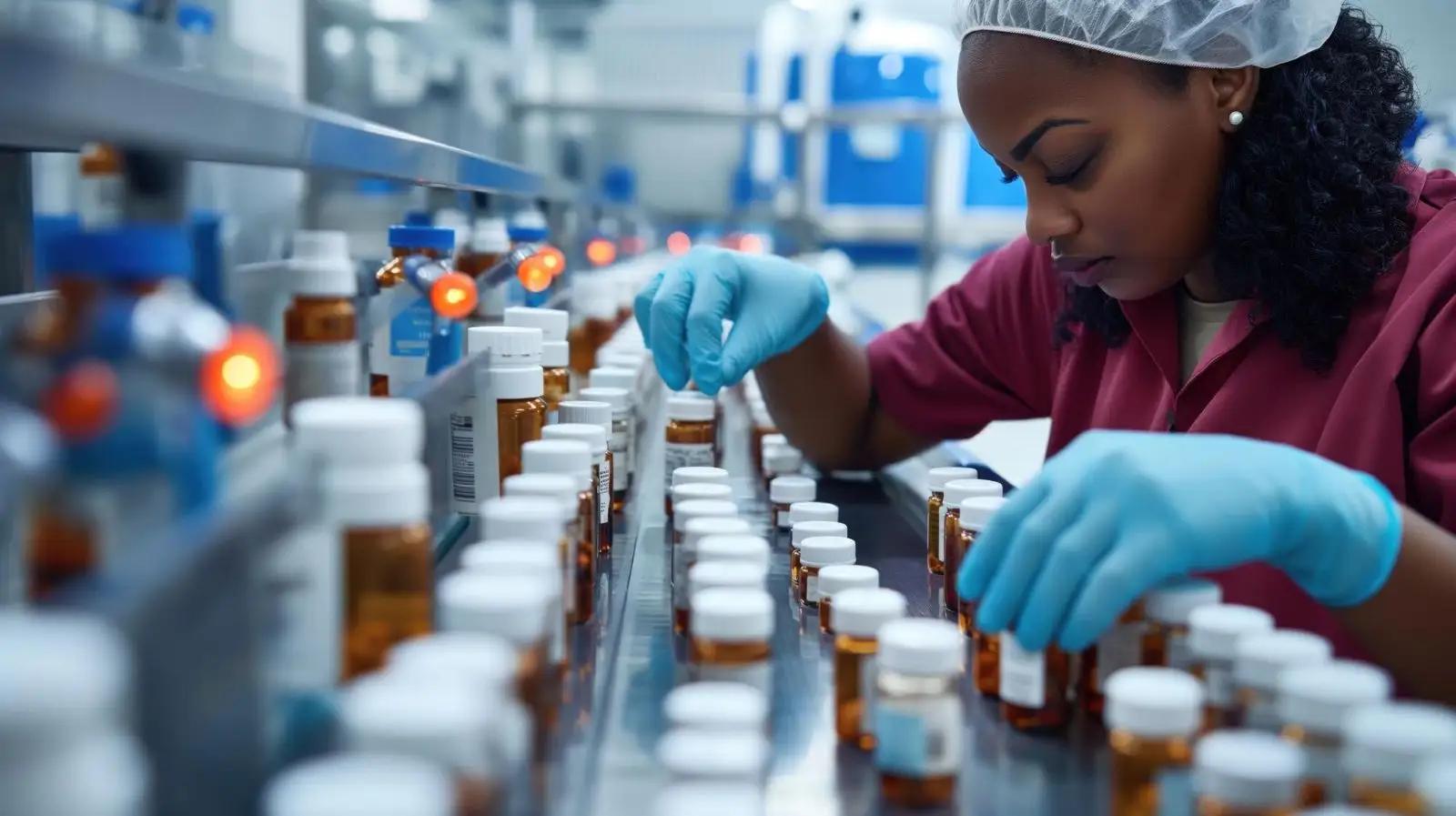 African pharmaceutical worker inspecting medicines on a production line